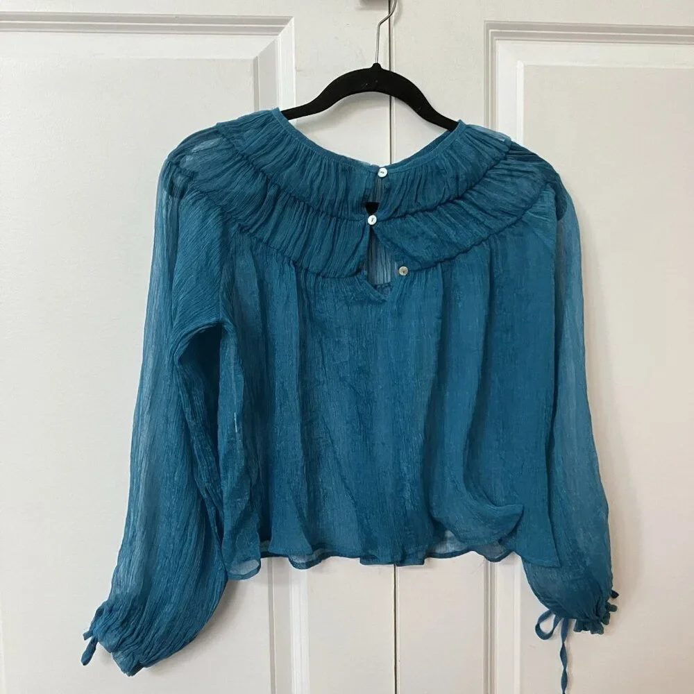 Zara Sheer Chiffon Crop Blouse Womens S Blue Gathered Whimsigoth‎ Dark Romantic - Picture 5 of 7